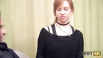 Debt4k. Red-haired miss reaches orgasm and returns the debt at the same time