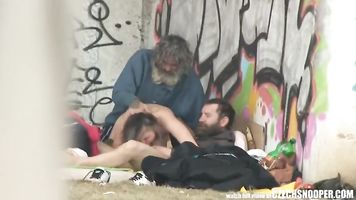 pure street life homeless threesome having sex on public